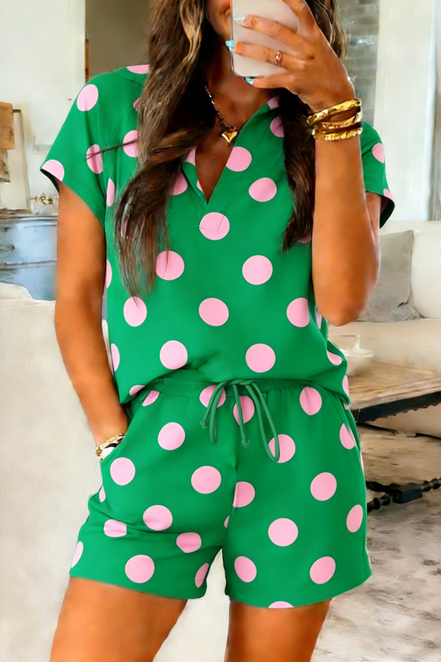 Beige Polka Dot Print V Neck Tee Short Set