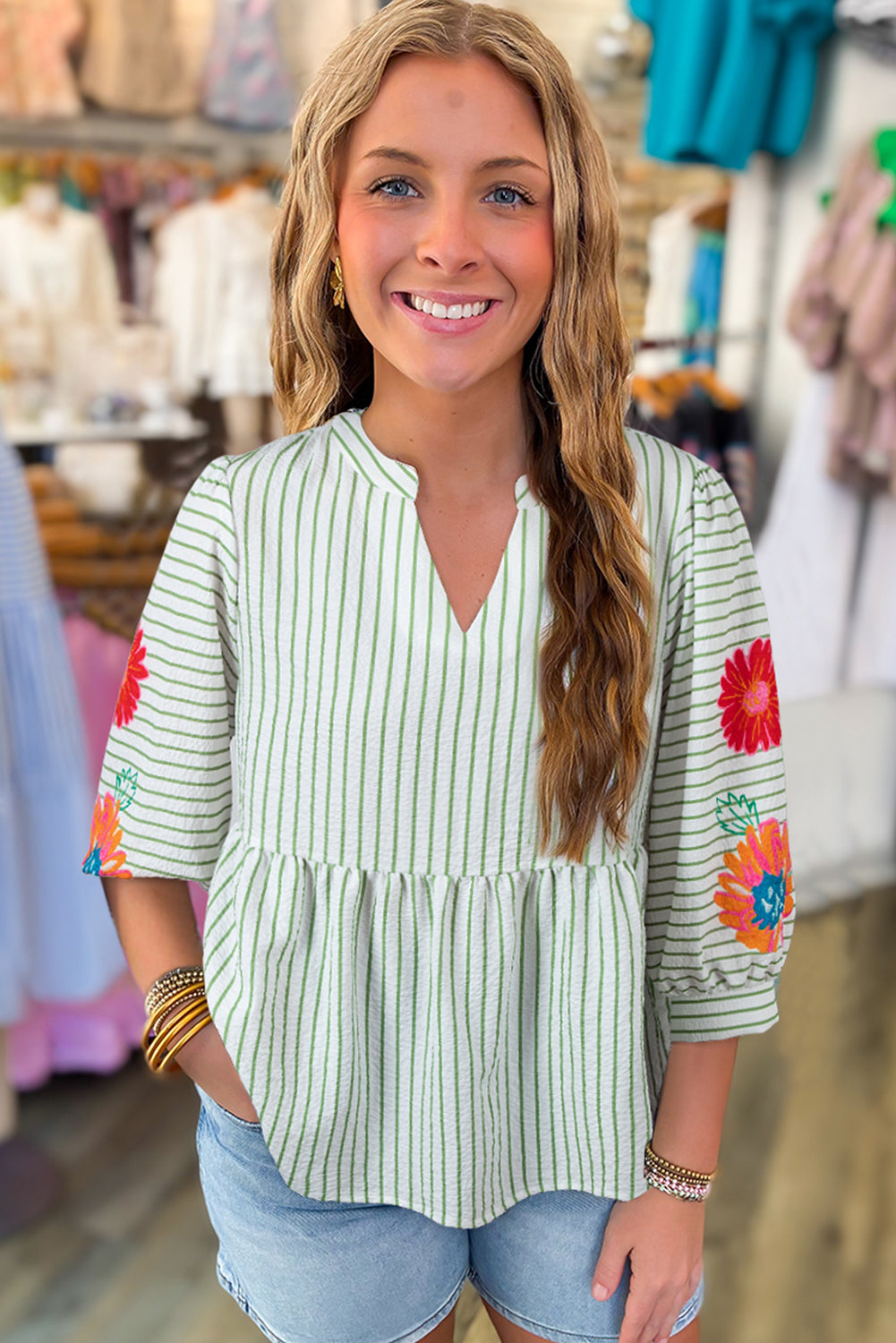 Green Stripe Flower Puff Sleeve Notch Neck Babydoll Blouse