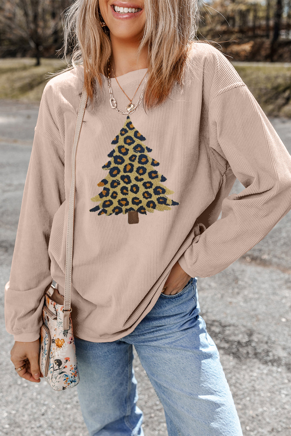 Apricot Leopard Christmas Tree Terry Flocking Corded Sweatshirt
