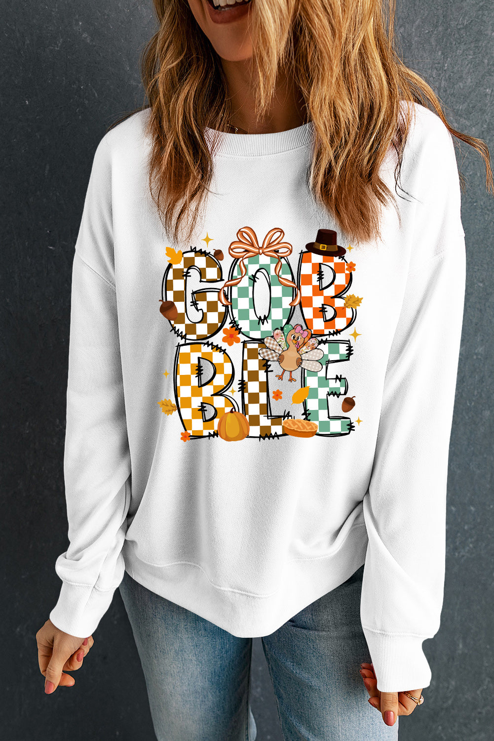 White GOBBLE Checkered Letter Turkey Graphic Heat Transfer Printing Thanksgiving Sweatshirt