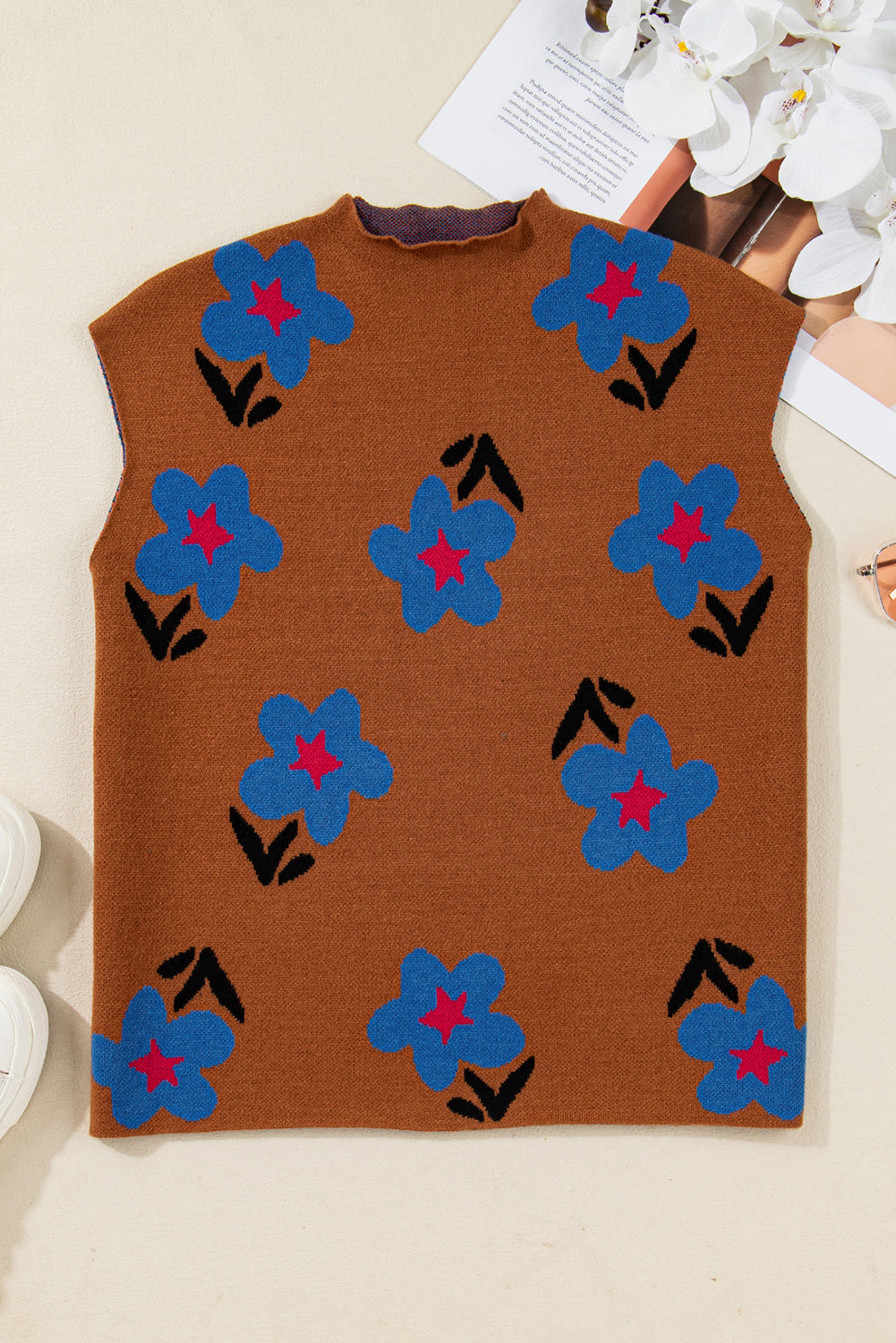 Chestnut Vintage Floral Pattern High Neck Sweater Vest