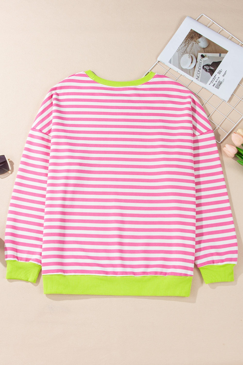 Sky Blue Striped Contrast Trim Drop Shoulder Sweatshirt