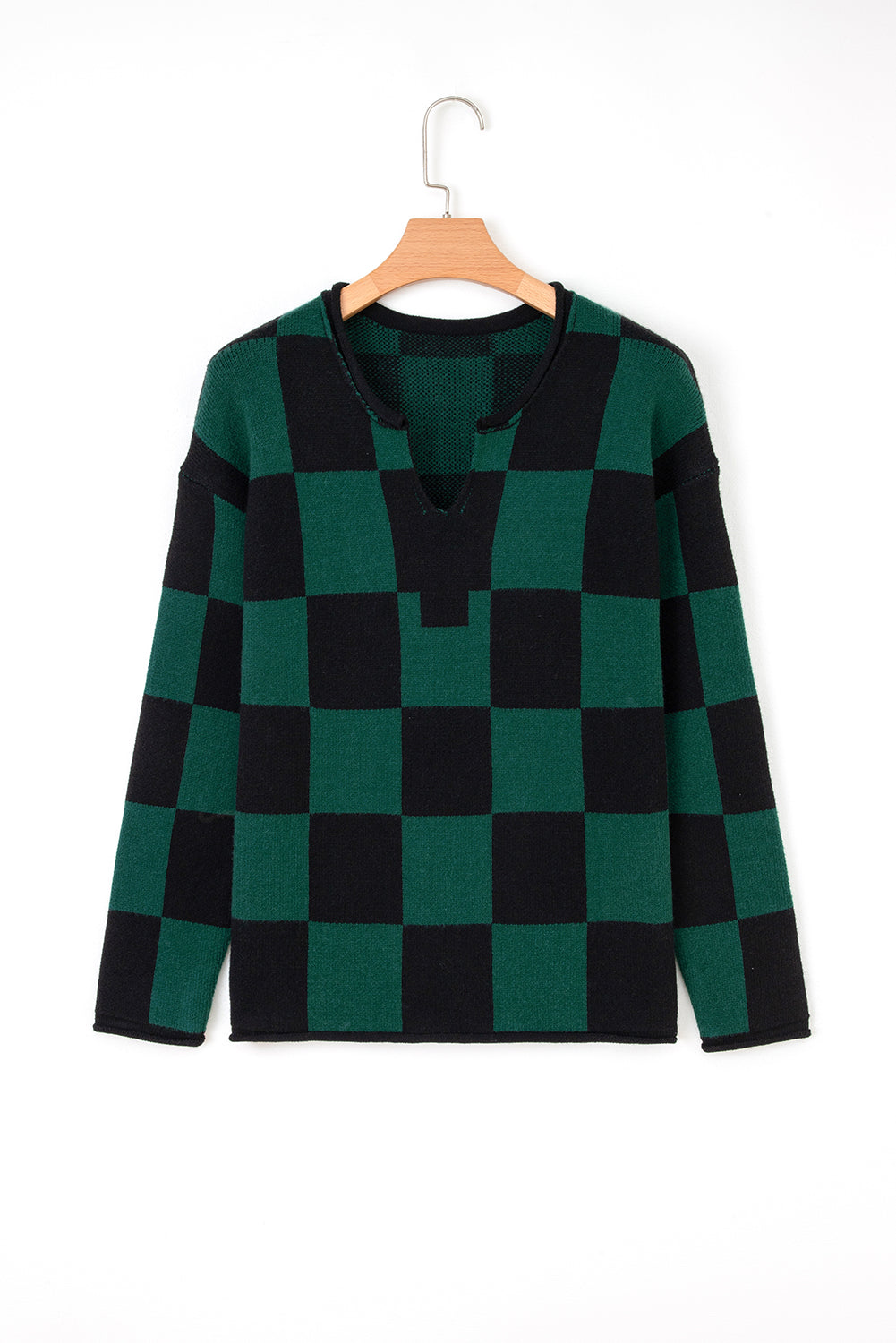 Black Checked Notched Neckline Drop Shoulder Knit Sweater