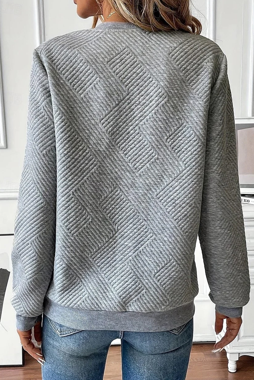 Medium Grey Solid Color Texture Zipper V Neck Sweatshirt