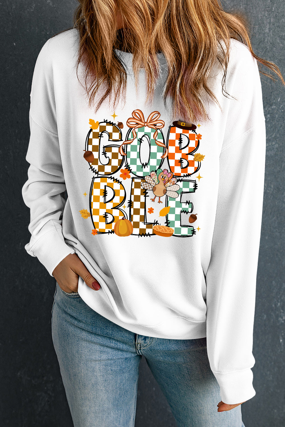 White GOBBLE Checkered Letter Turkey Graphic Heat Transfer Printing Thanksgiving Sweatshirt