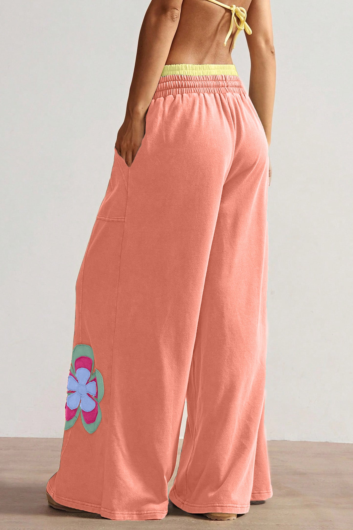 Block Flower Patchwork Drawstring Contrasted Elastic Waist Wide Leg Pants