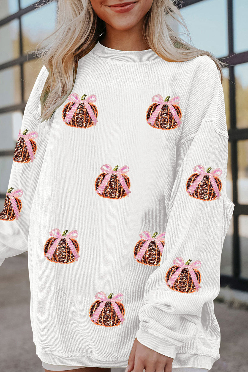 White Twisted Ribbed Sequin Bow Pumpkin Patch Application Graphic Sweatshirt
