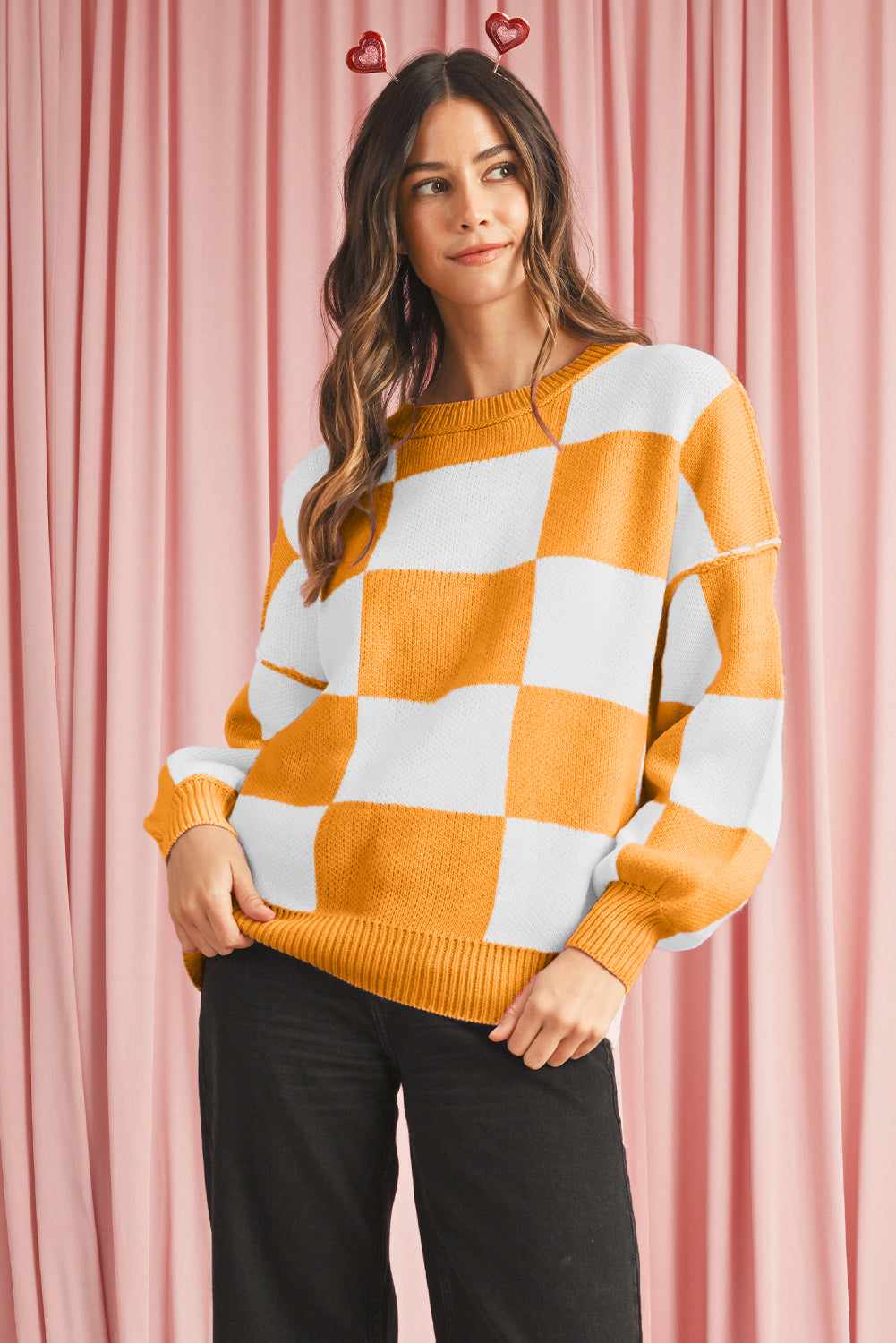 Pink Checked Bishop Sleeve Pullover Sweater