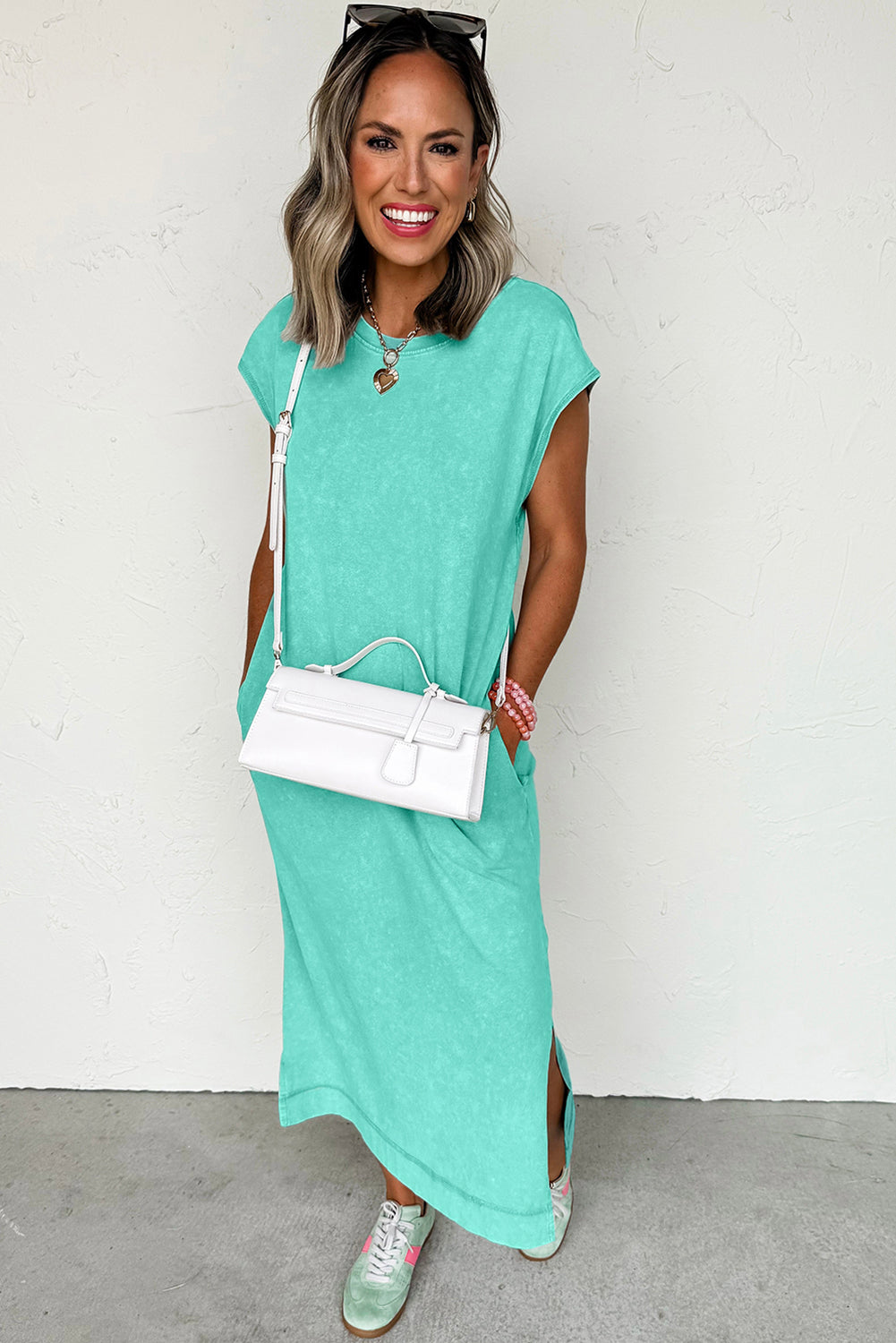 Clearly Aqua Mineral Wash Pocketed T-shirt Dress