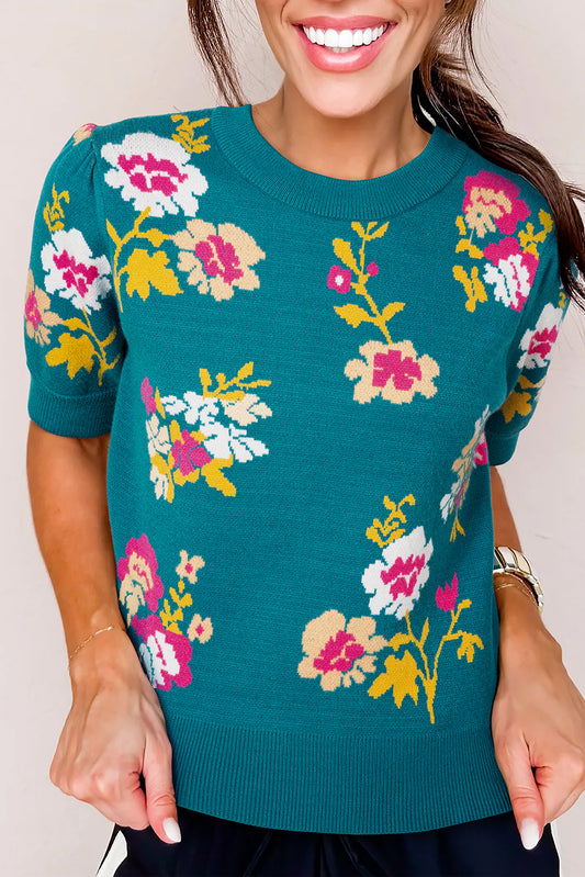 Blue Flower Pattern Short Sleeve Knit Top