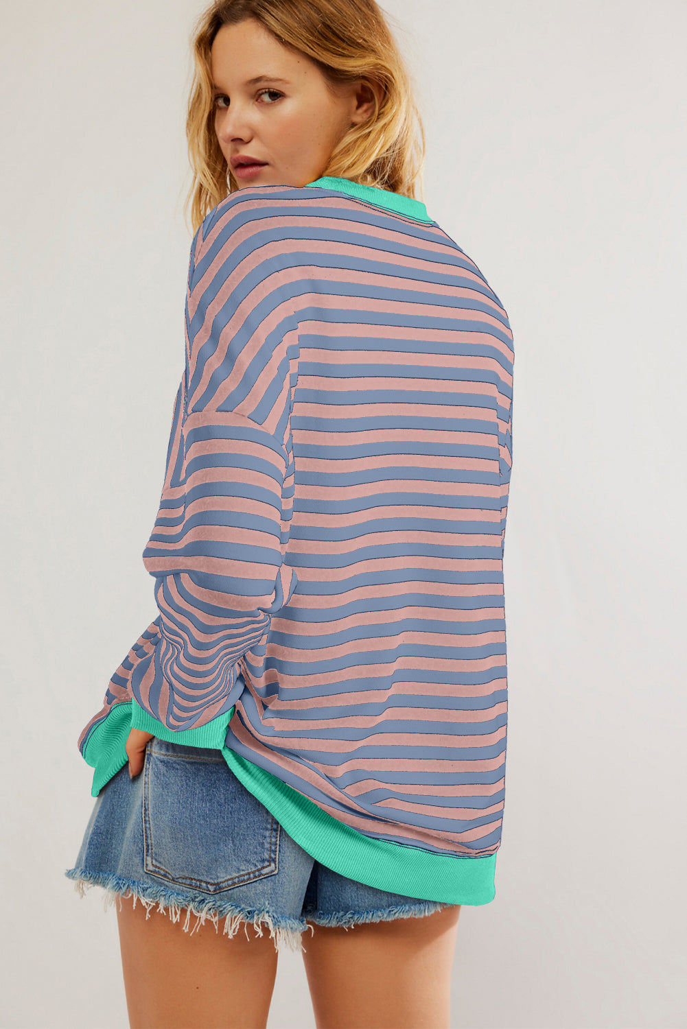 Sky Blue Striped Contrast Trim Drop Shoulder Sweatshirt