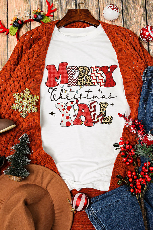 White MERRY Christmas Y'All Graphic Heat Transfer Printing Crewneck T Shirt