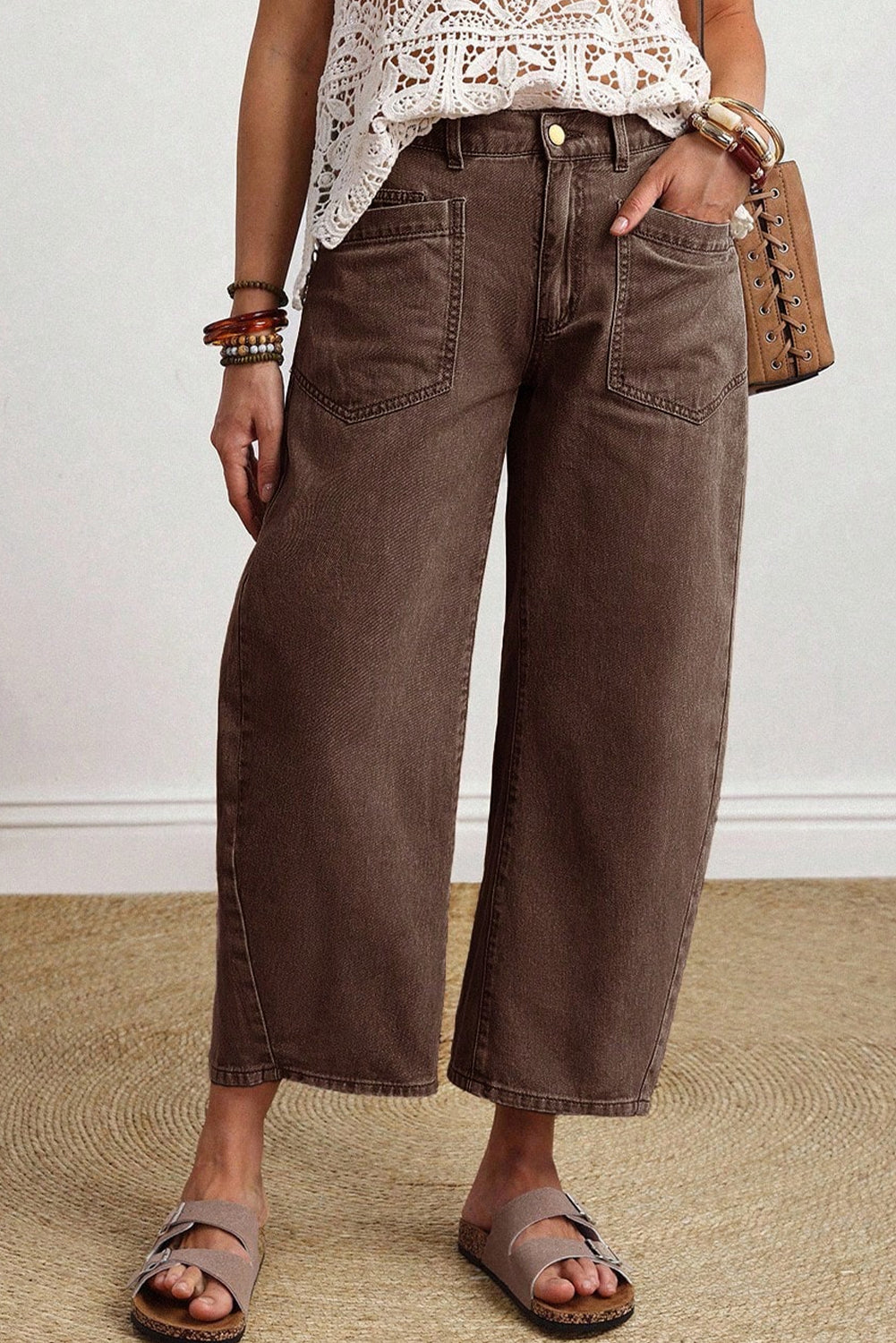 Beau Blue Solid Color Square Patch Pocket Ankle-length Barrel Jeans