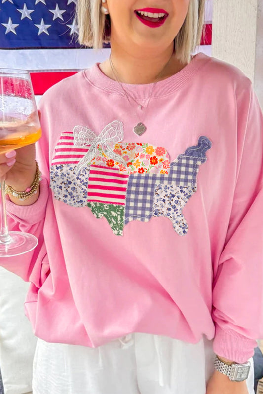Pink Floral USA Map Patched Graphic Patriotic Sweatshirt