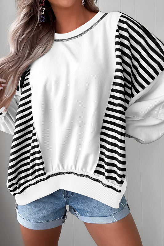 White Striped Colorblock Patchwork Oversized Sweatshirt