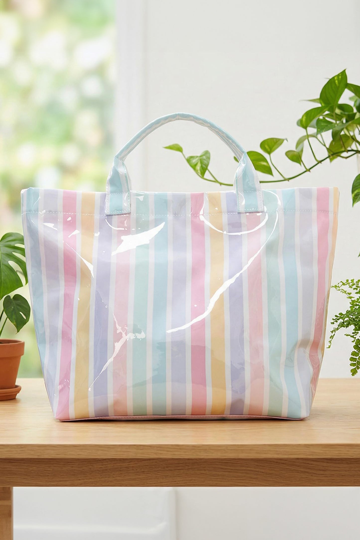 Pink Glossy Striped Vinyl Large Tote Bag
