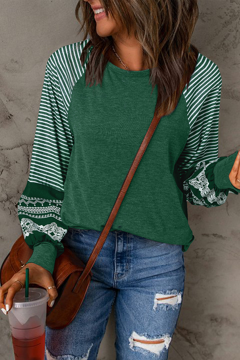 Brown Contrast Print Striped Raglan Long Sleeve Loose Top