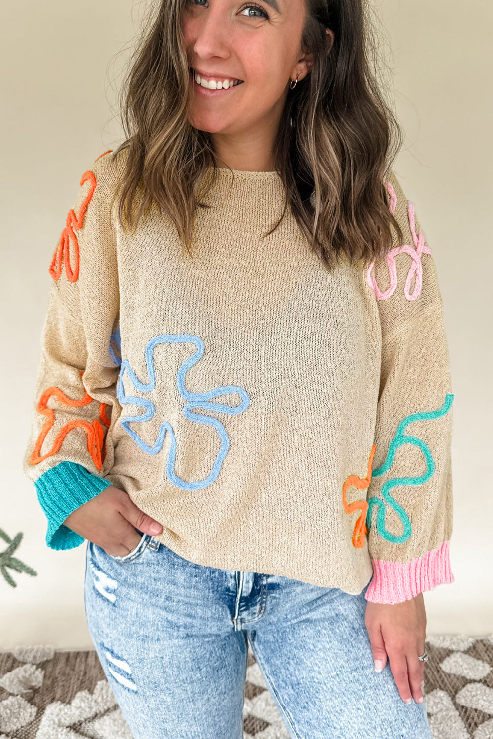 Jet Stream Contrast Flower Detail Colorblock Cuffed Loose Sweater