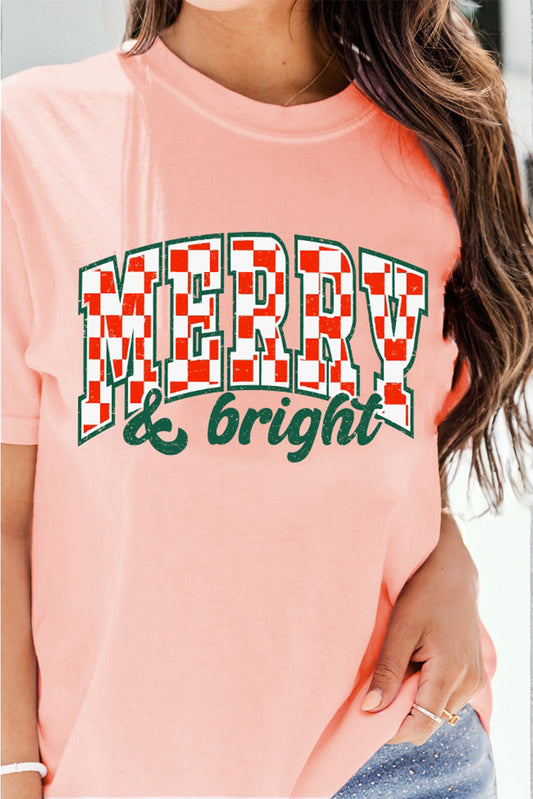 Pink MERRY & bright Checkered Letter Graphic Christmas Tee