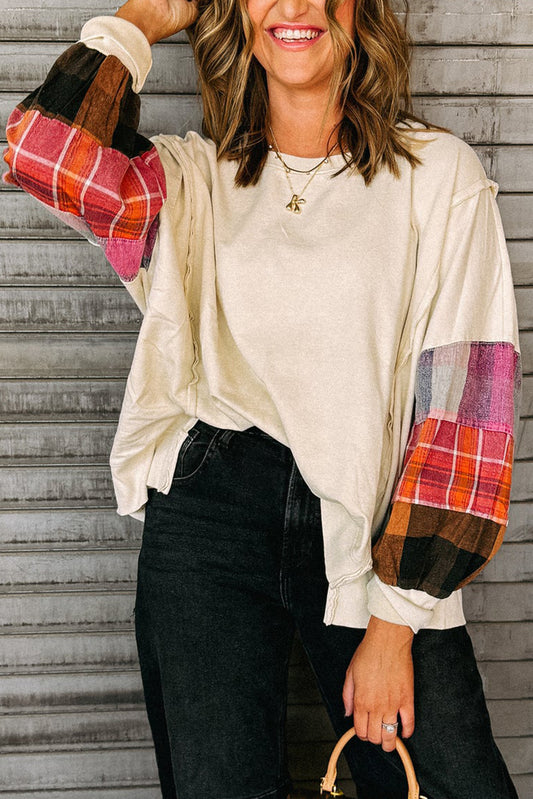 Beige Plaid Patchwork Long Sleeve Exposed Seam Loose Top