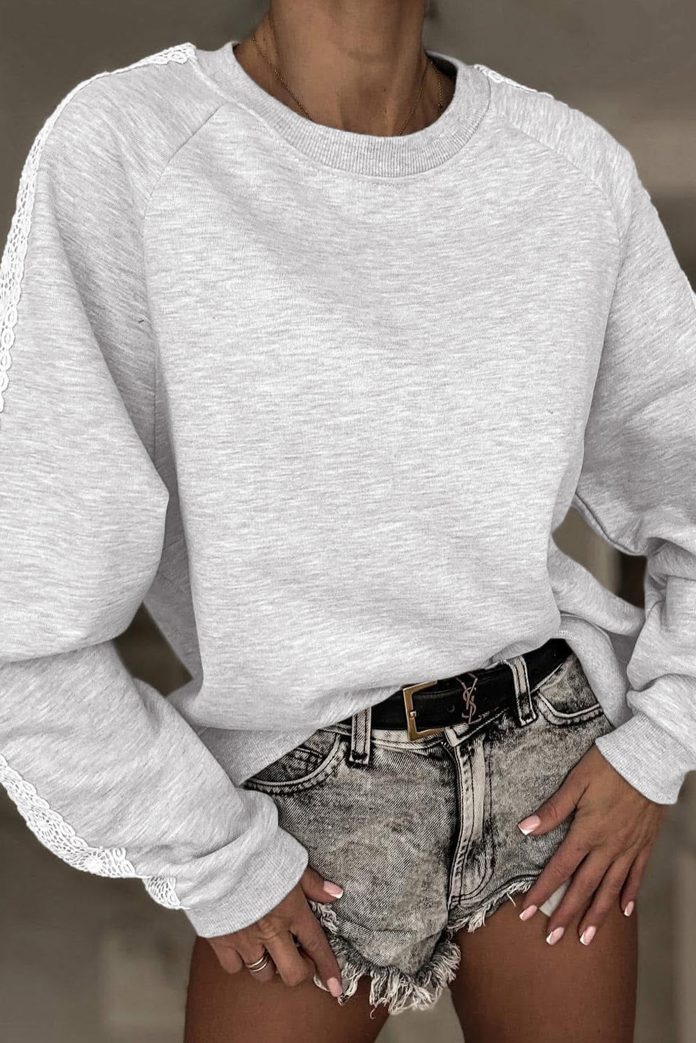 Light Grey Lace Applique Raglan Sleeve Crew Neck Sweatshirt