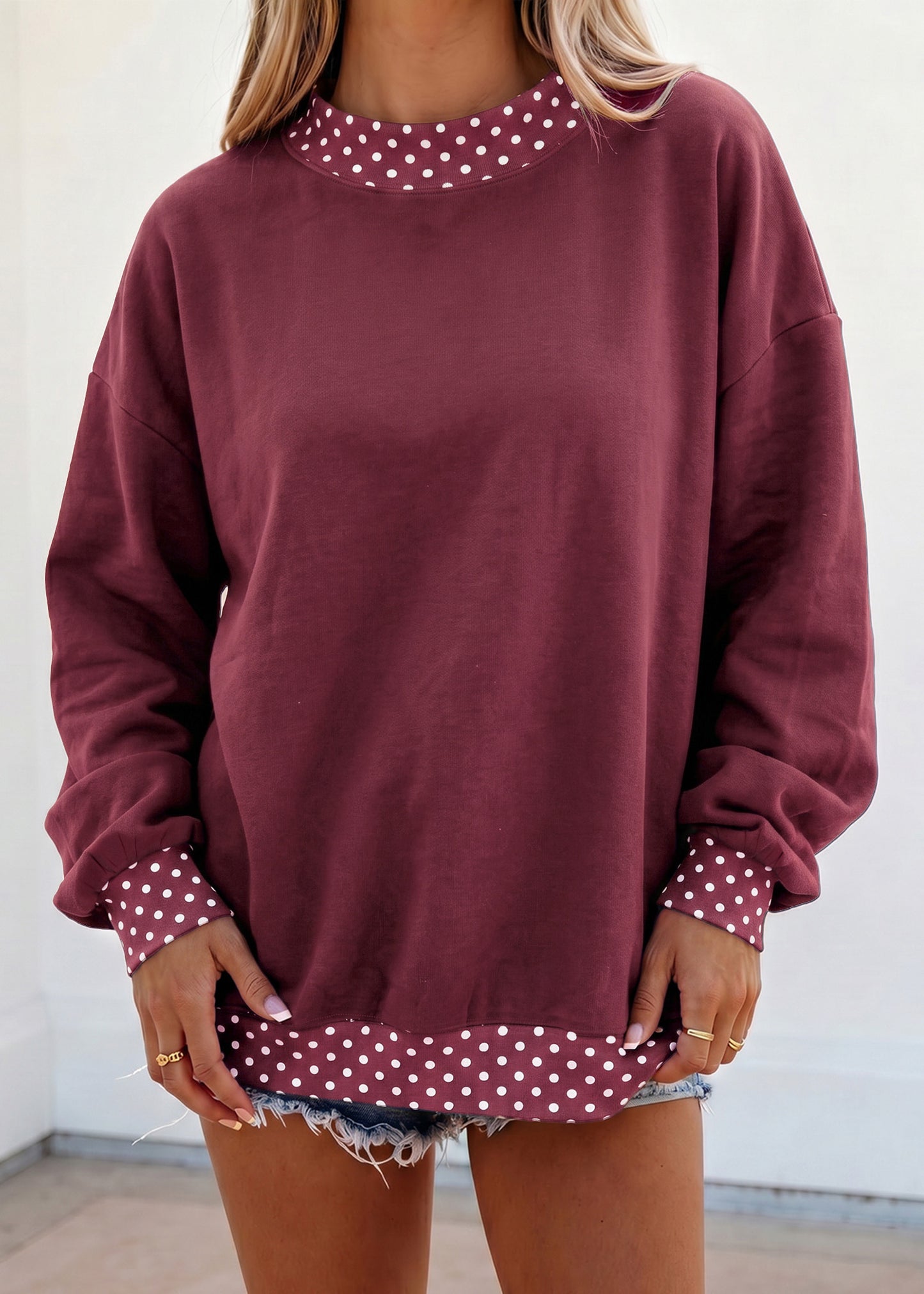 Racing Red Colorblock Polka Dot Contrast Trim Oversized Sweatshirt
