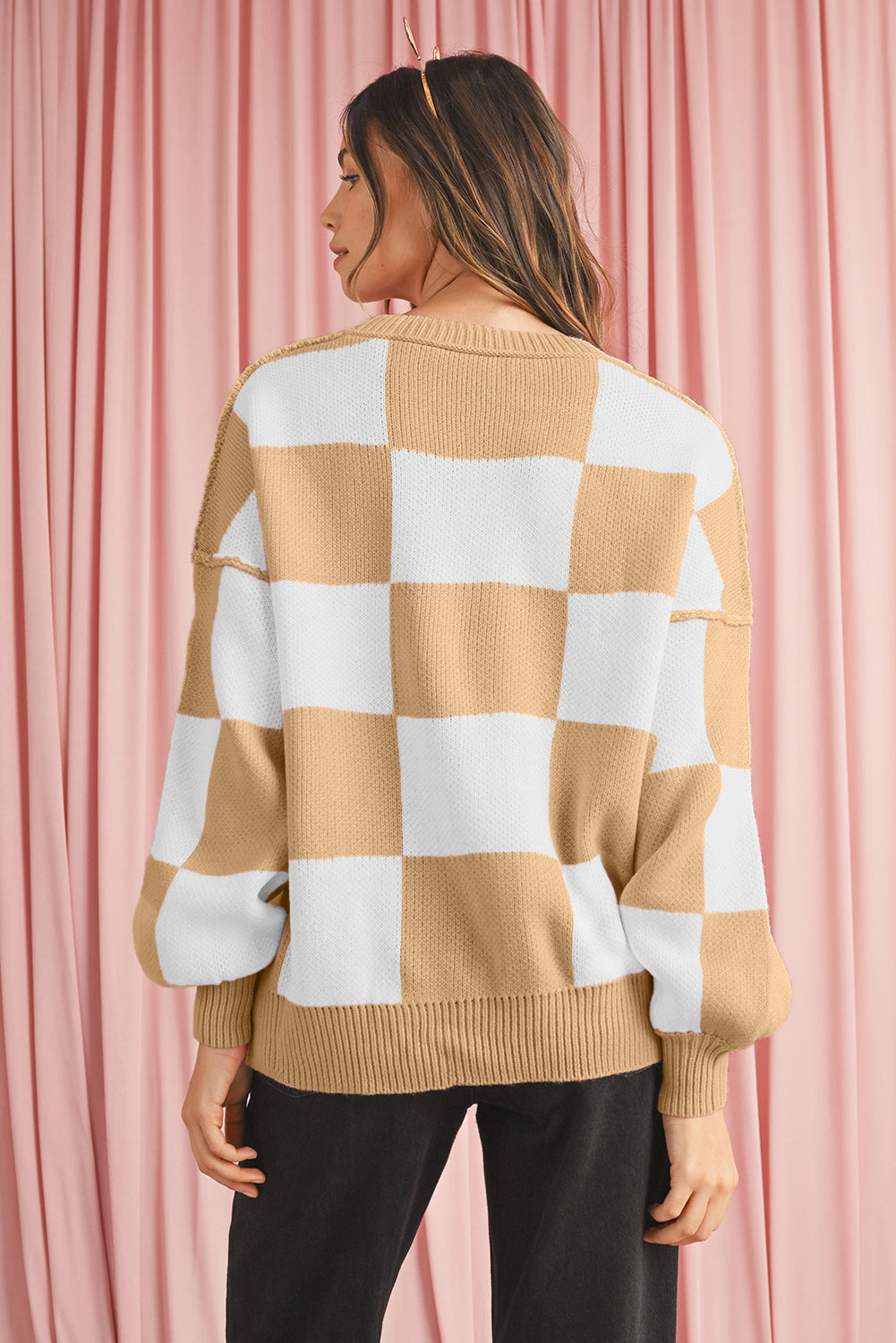 Pink Checked Bishop Sleeve Pullover Sweater