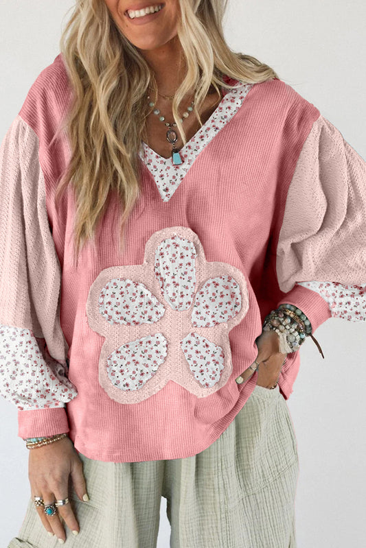 Pink Floral Textured Colorblock Patchwork Lantern Sleeve Hooded Top