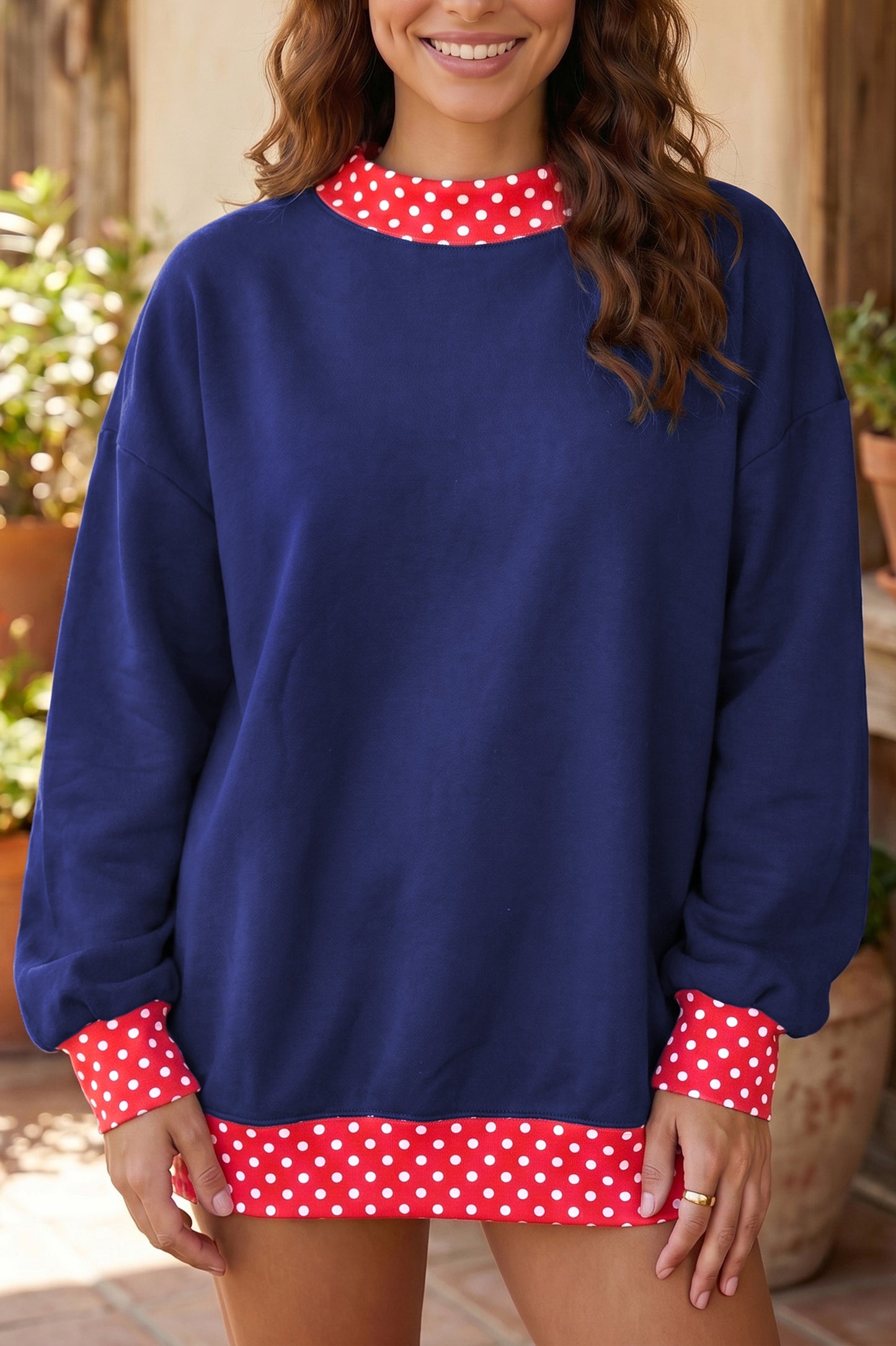 Racing Red Colorblock Polka Dot Contrast Trim Oversized Sweatshirt