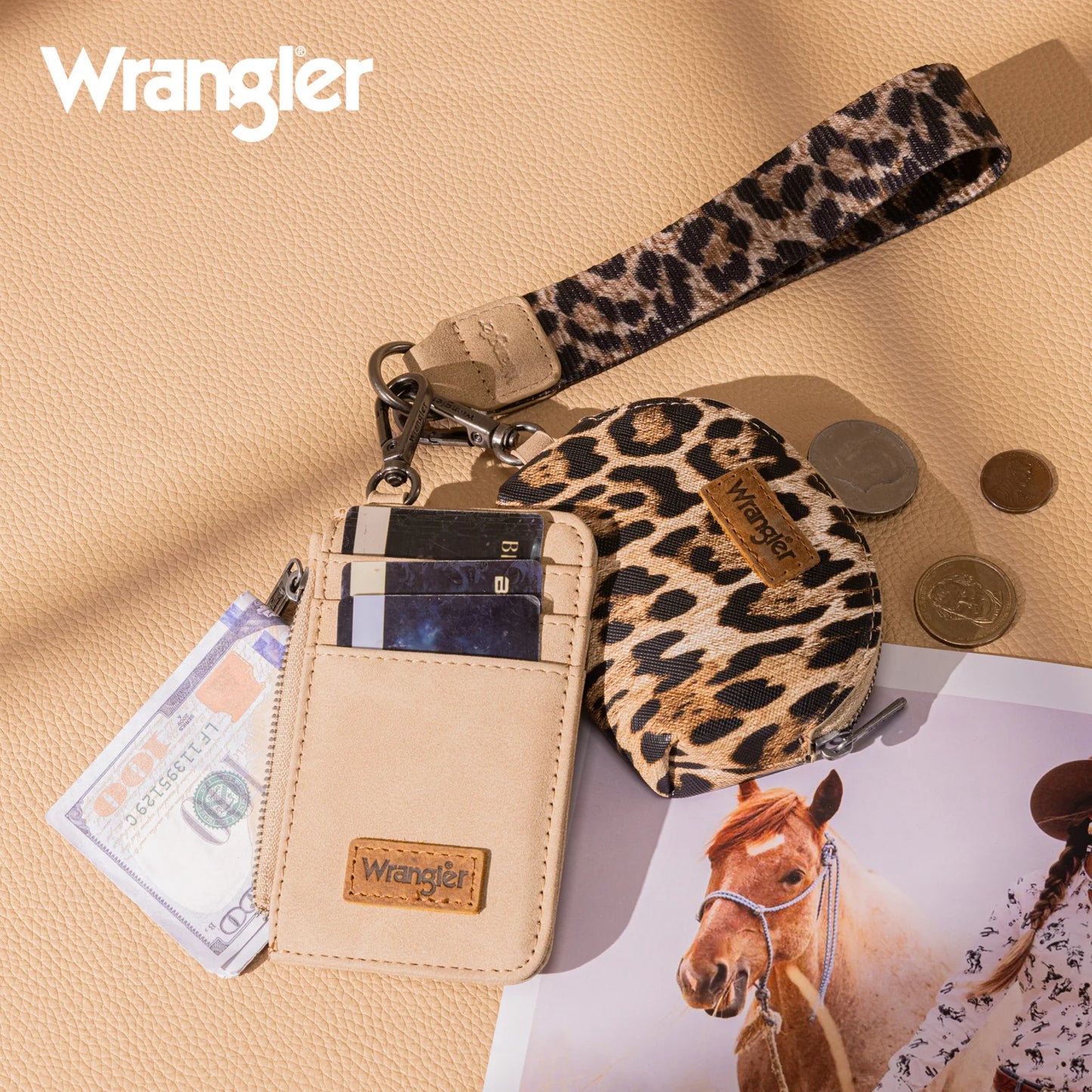 Wrangler Leopard Print Dual Pouch Wristlet -Tan