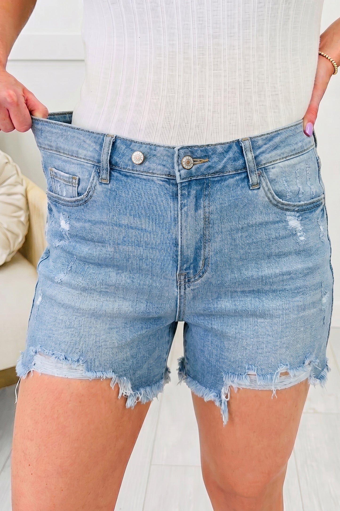 Sail Blue Asymmetric Raw Hem Distressed Whiskery Denim Shorts
