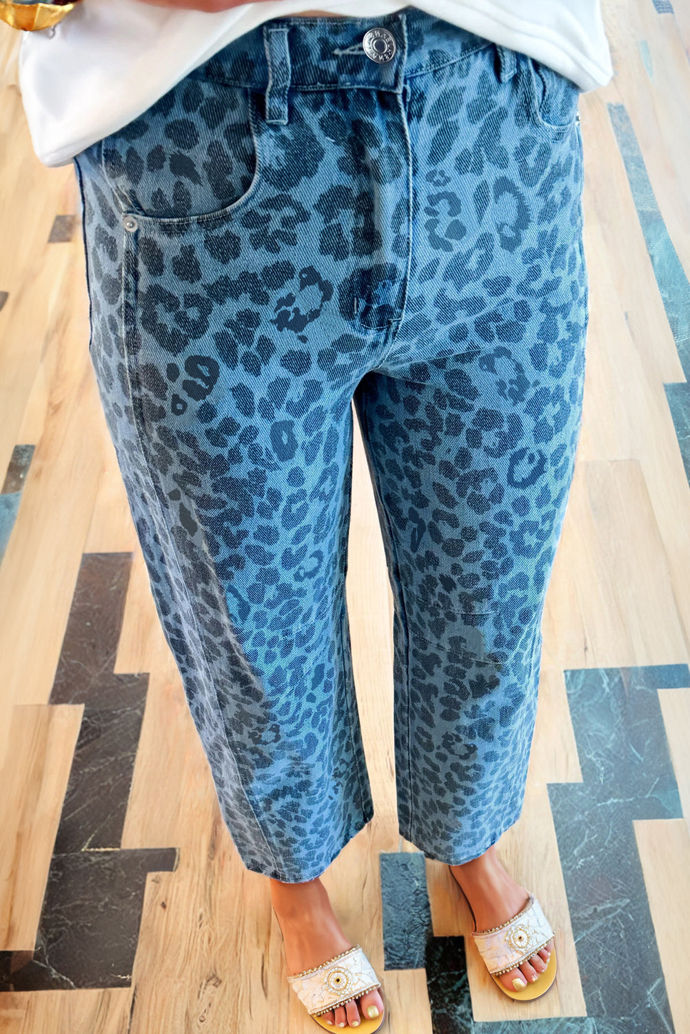 Sky Blue Leopard Print Straight Loose Jeans