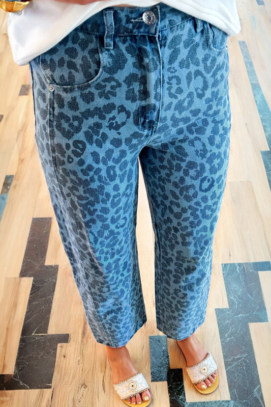 Sky Blue Leopard Print Straight Loose Jeans