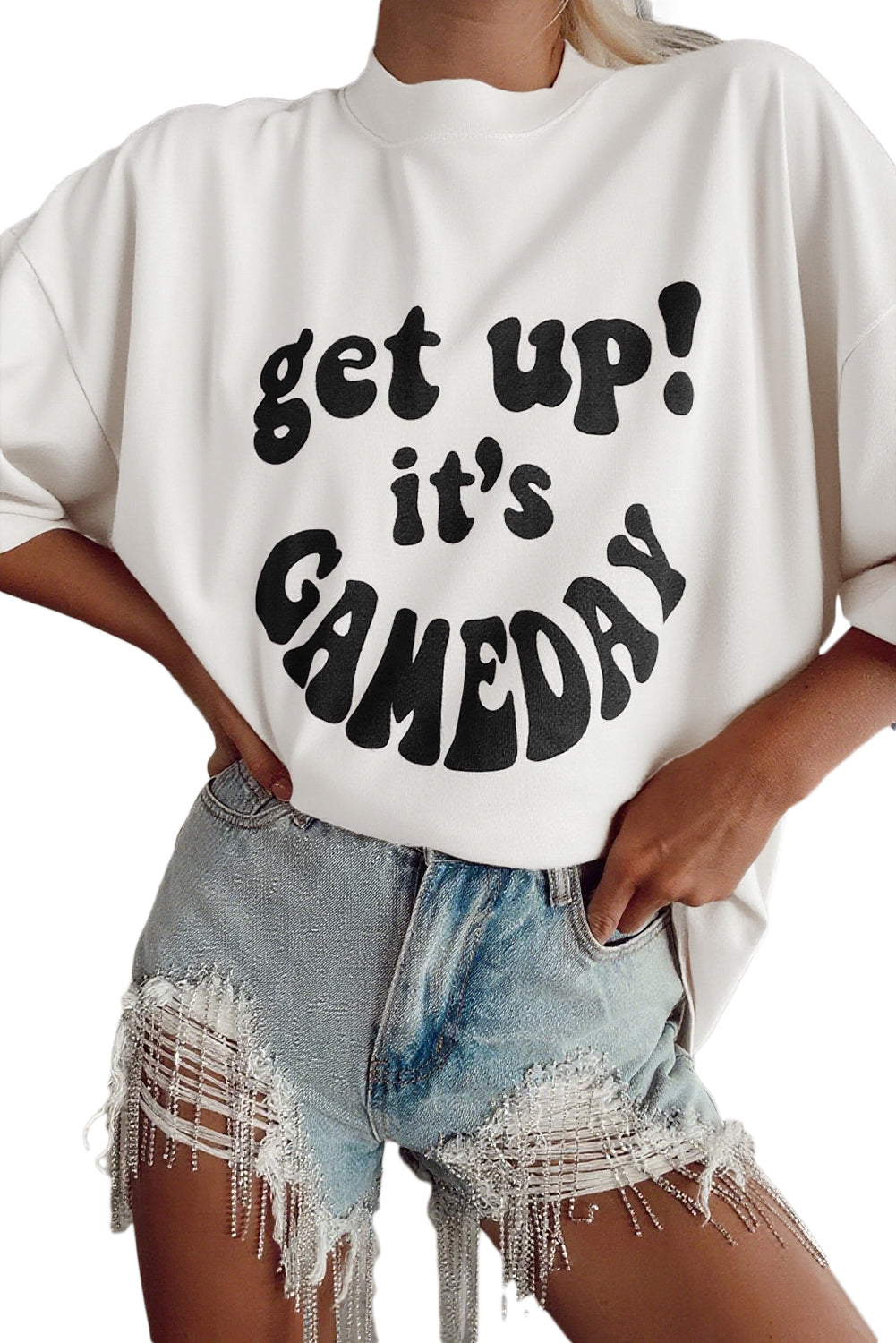 Beige GAME DAY Slogan Print Half Sleeve Oversize T Shirt