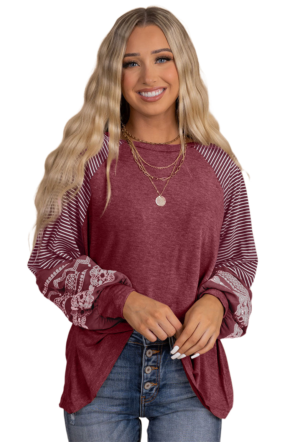 Brown Contrast Print Striped Raglan Long Sleeve Loose Top