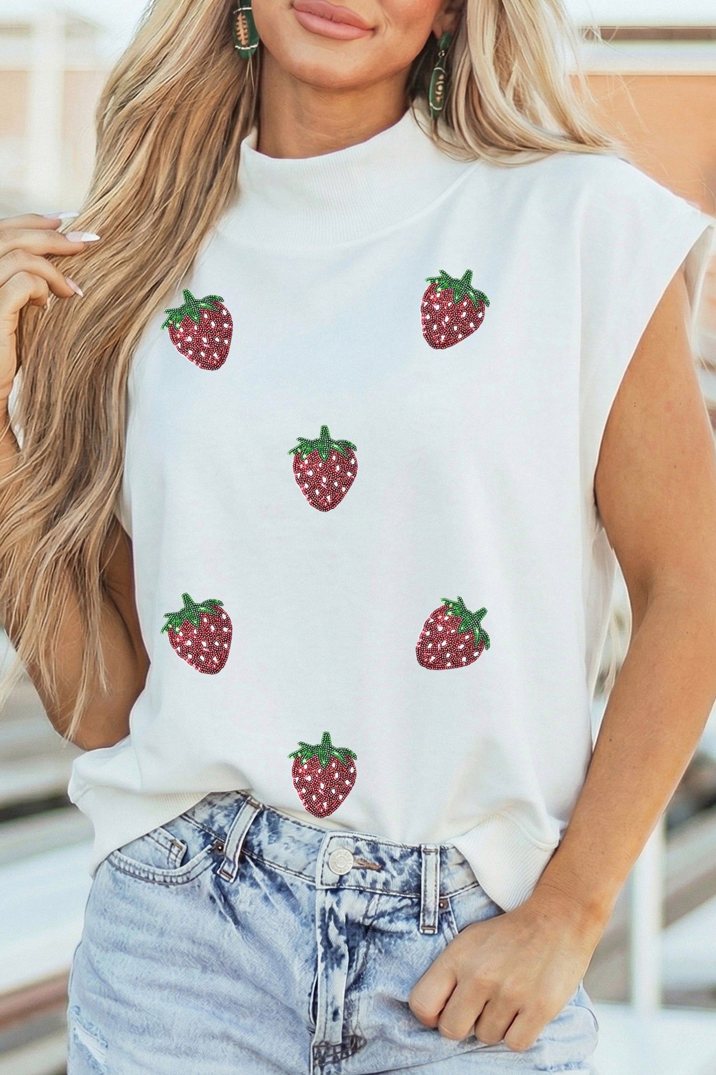 White Sequin Strawberry Graphic Mock Neck Short Sleeve Top
