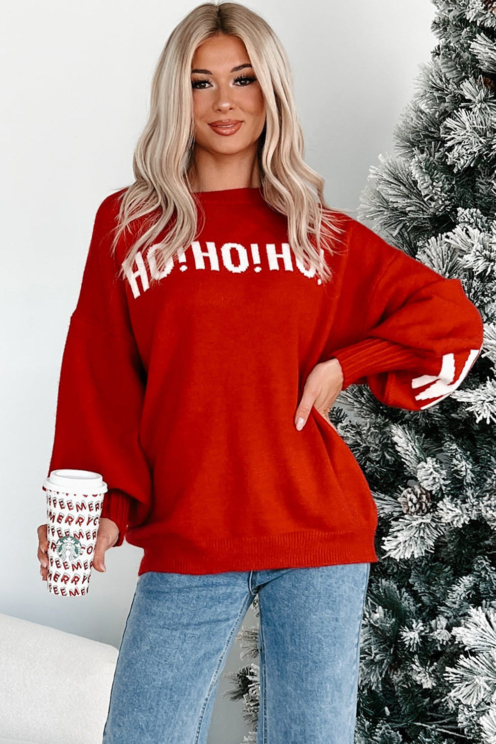 Red MERRY CHRISTMAS HO HO HO Drop Shoulder Loose Sweater