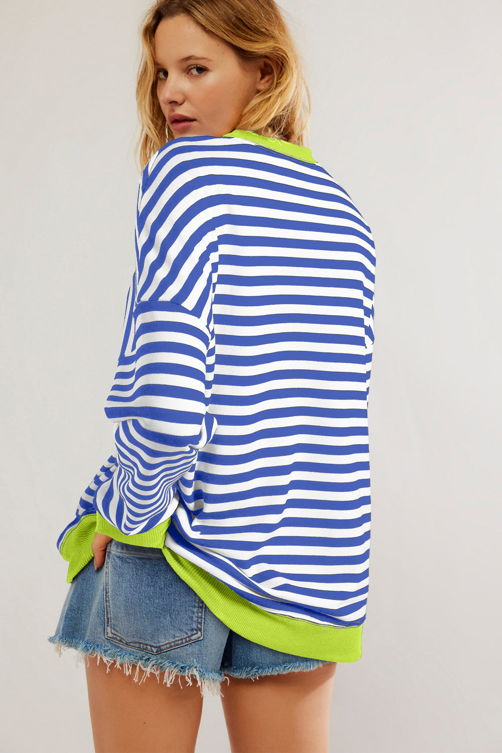 Sky Blue Striped Contrast Trim Drop Shoulder Sweatshirt