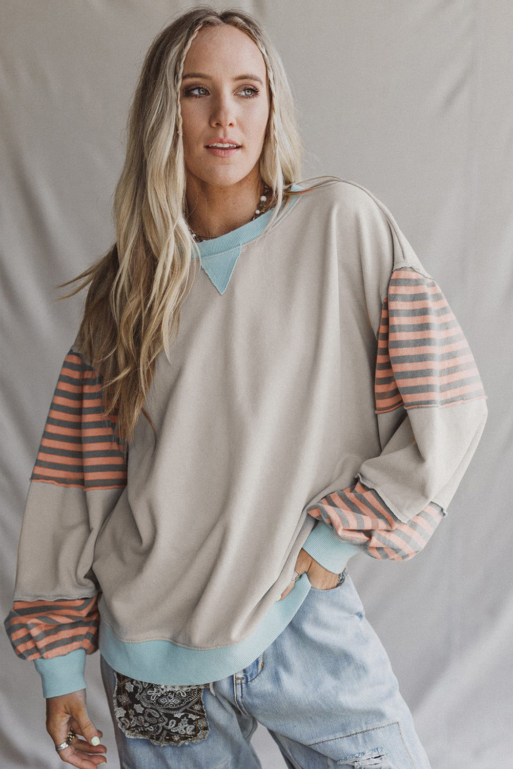Jet Stream Colorblock Patchwork Striped Sleeve Sweatshirt