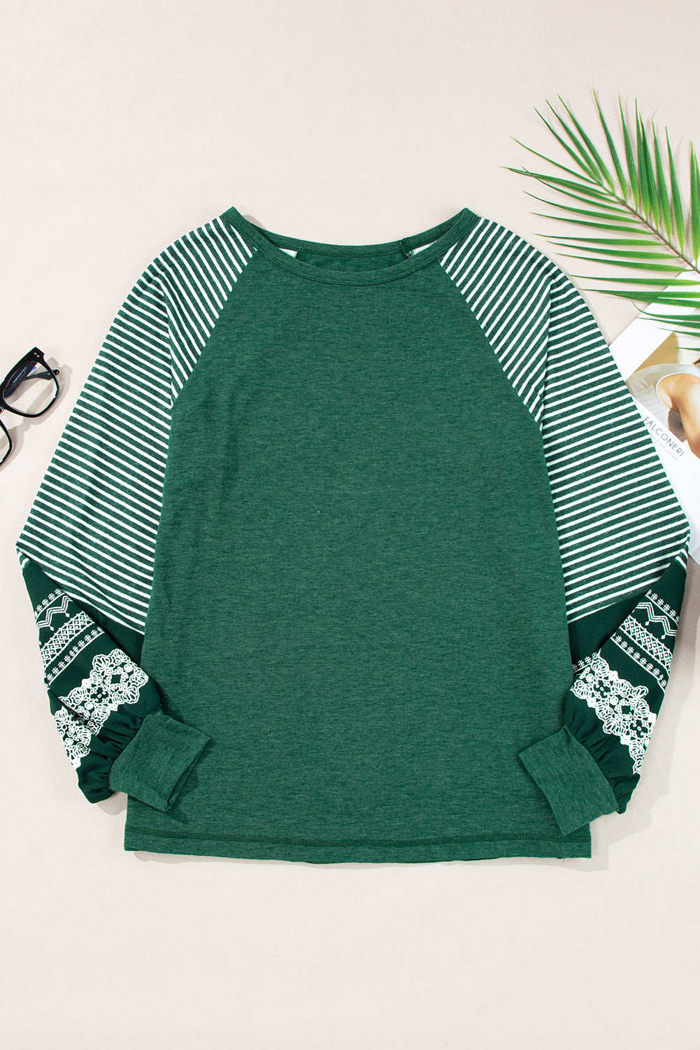 Brown Contrast Print Striped Raglan Long Sleeve Loose Top