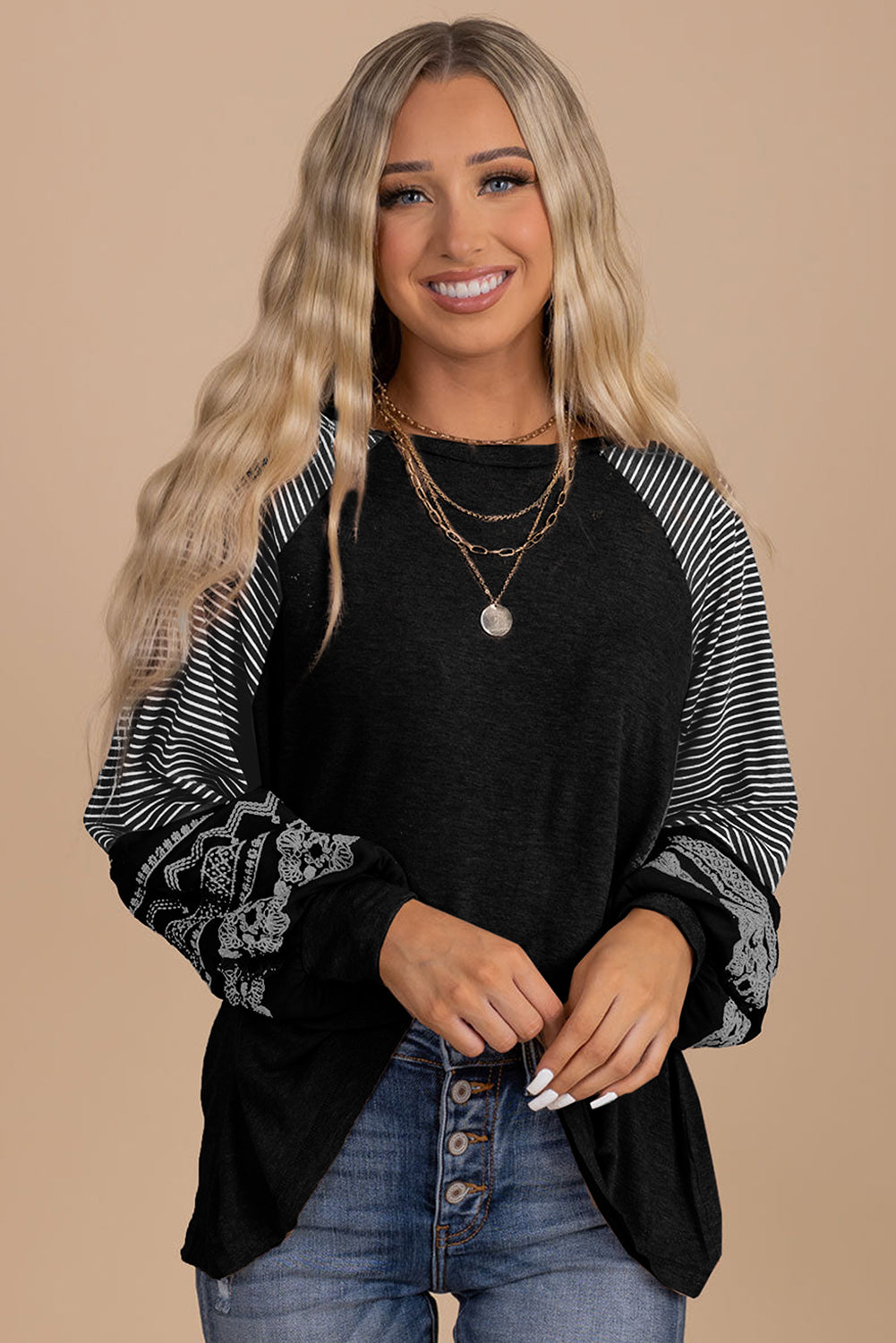 Brown Contrast Print Striped Raglan Long Sleeve Loose Top