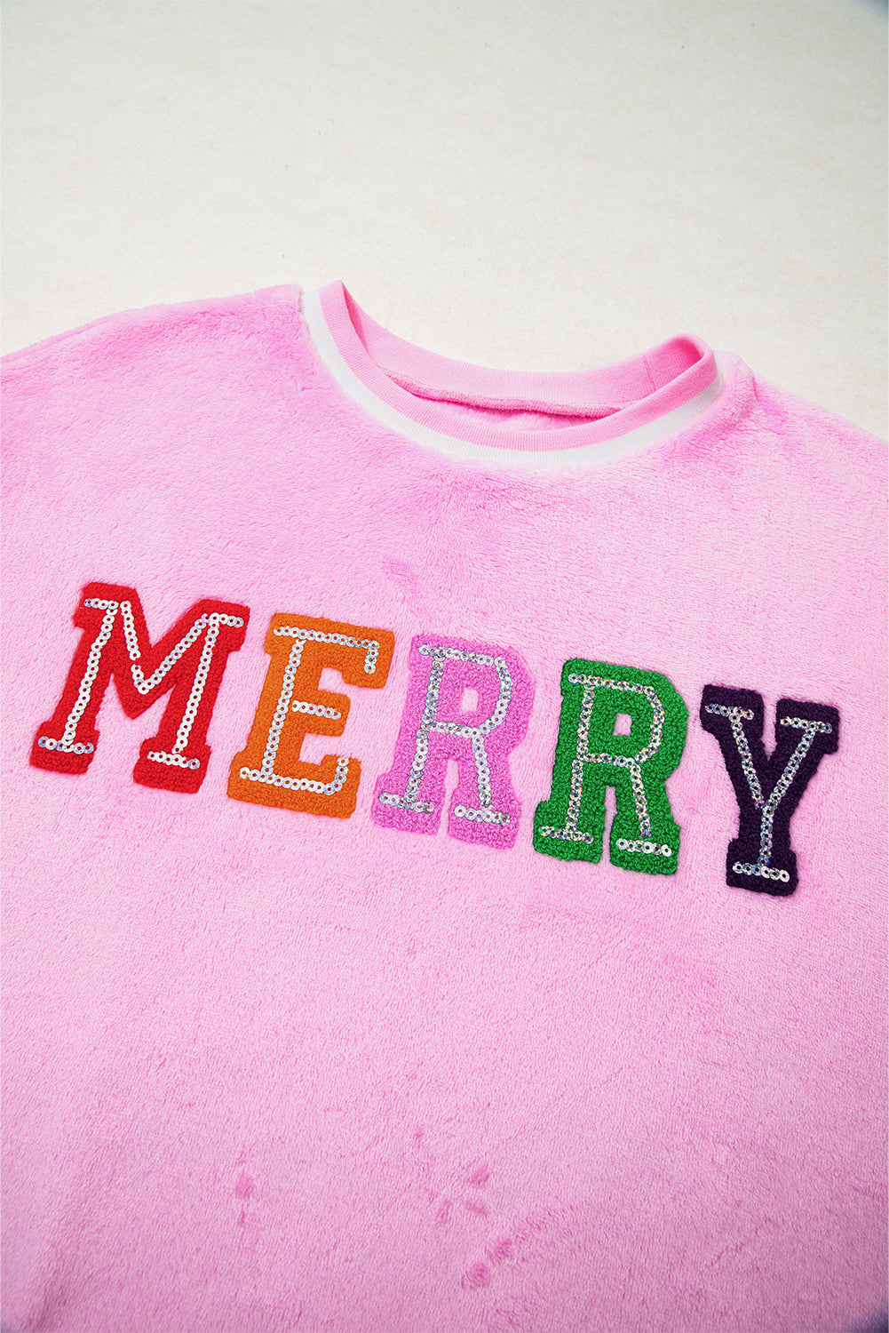 Sachet Pink Merry Letter Pattern Plush Pullover