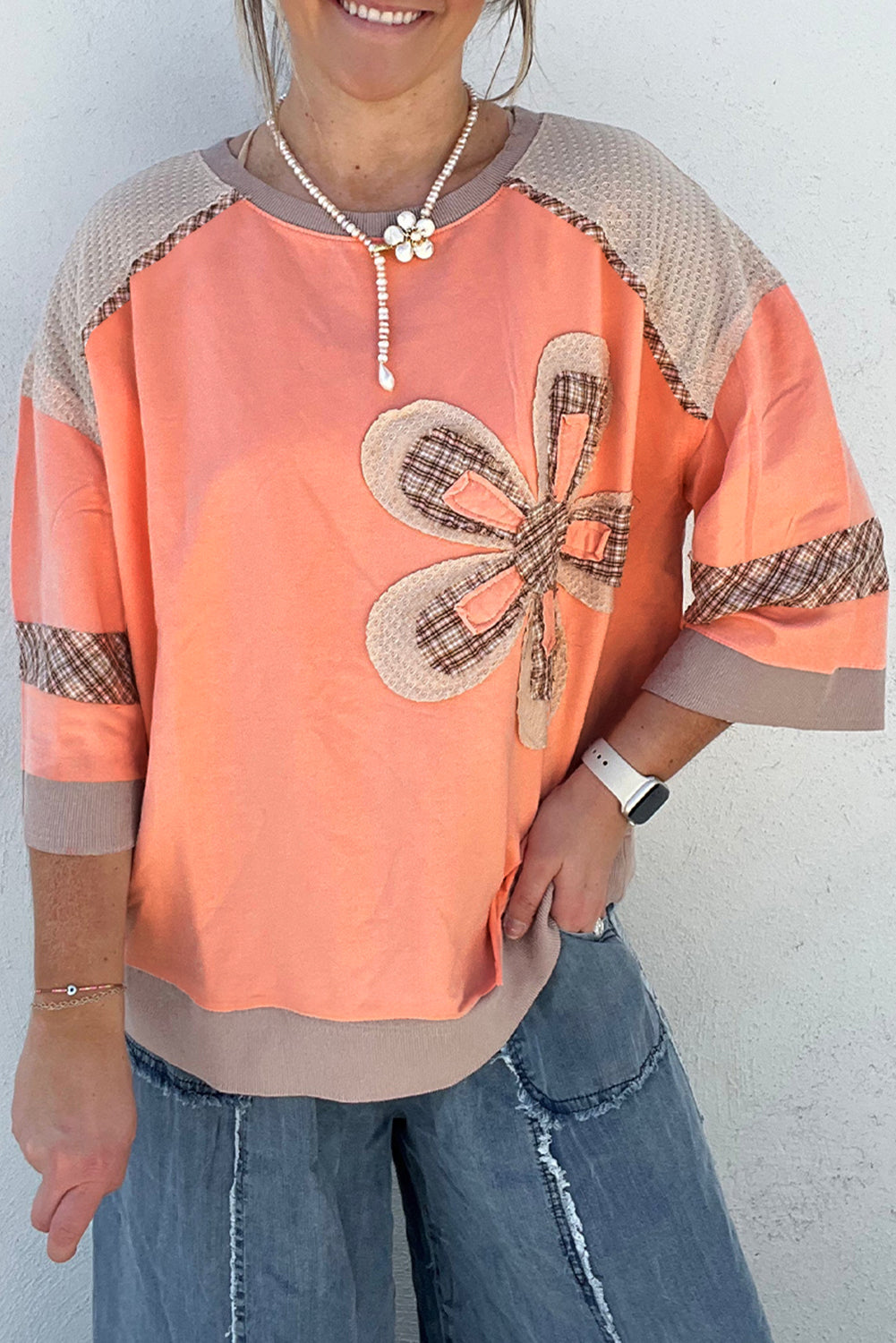 Grapefruit Orange Plaid Waffle Flower Patchwork Bracelet Sleeve Top