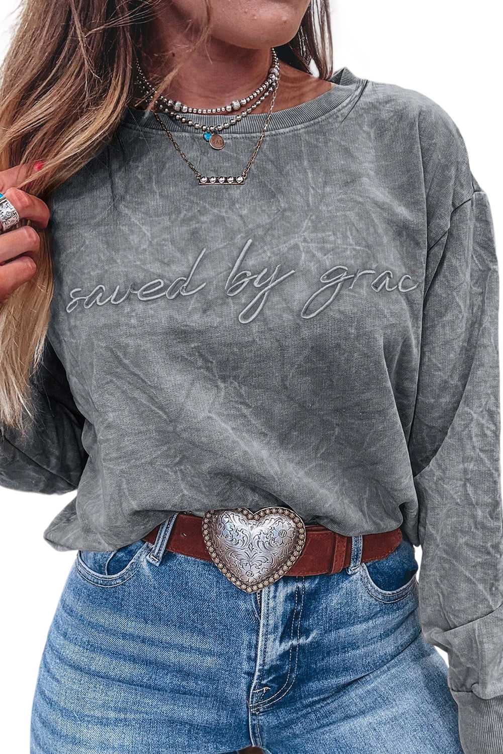 Saved by grace Letter Embroidery Mineral Wash Loose Sweatshirt