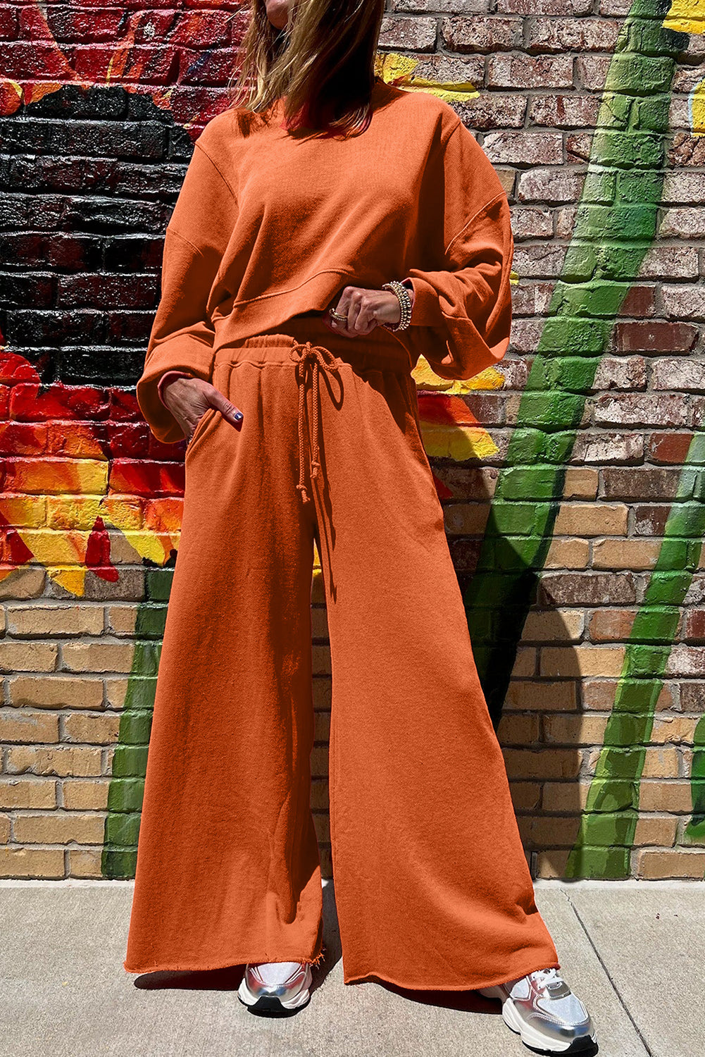 Flamingo Drop Shoulder Crop Pullover Drawstring Wide Leg Pants Set