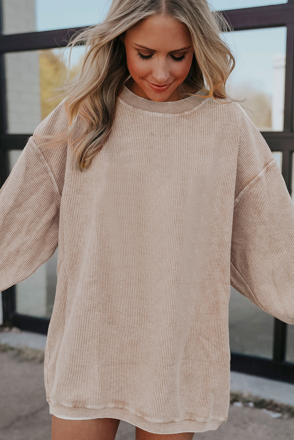 Light Pink Plain Drop Sleeve Crinkle Rib Oversized Sweatshirt