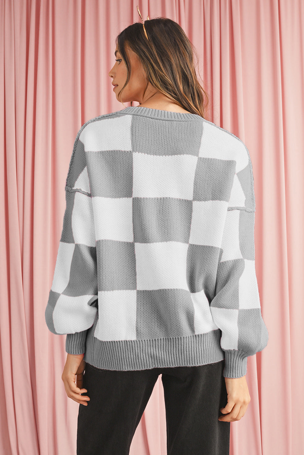 Pink Checked Bishop Sleeve Pullover Sweater