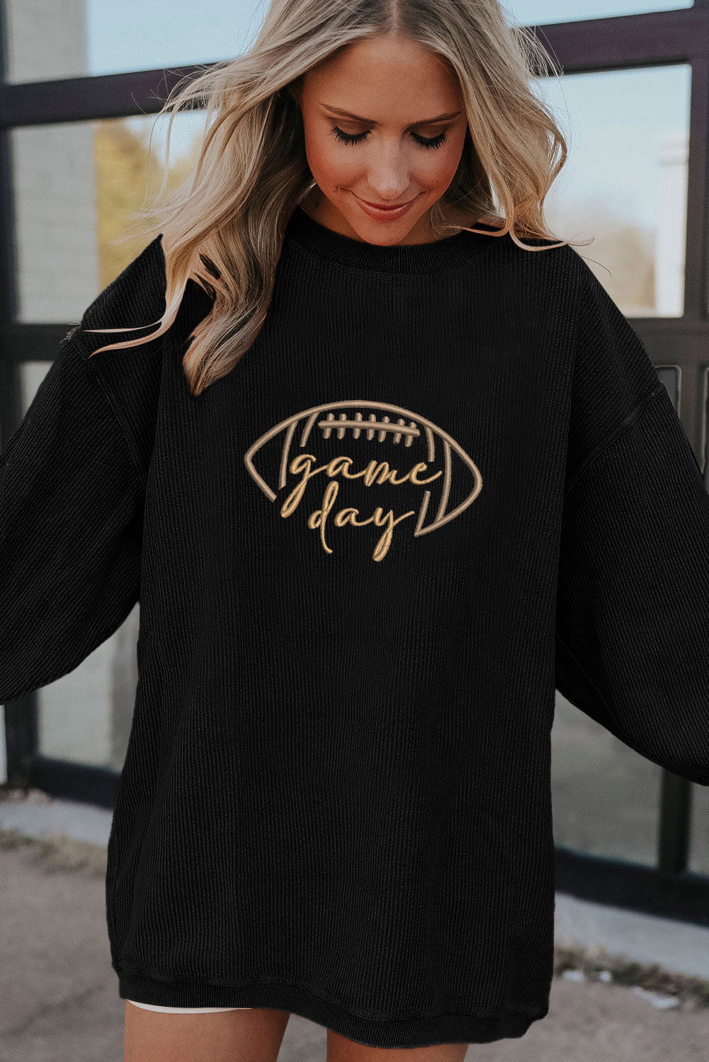 Dark Blue Football Graphic Drop Shoulder Game Day Corded Sweatshirt