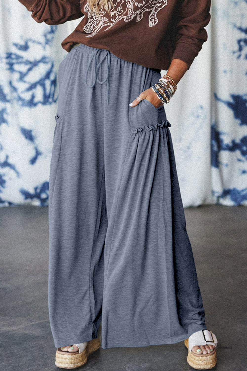 High-rise Frill Detail Wide Leg Loose Pants