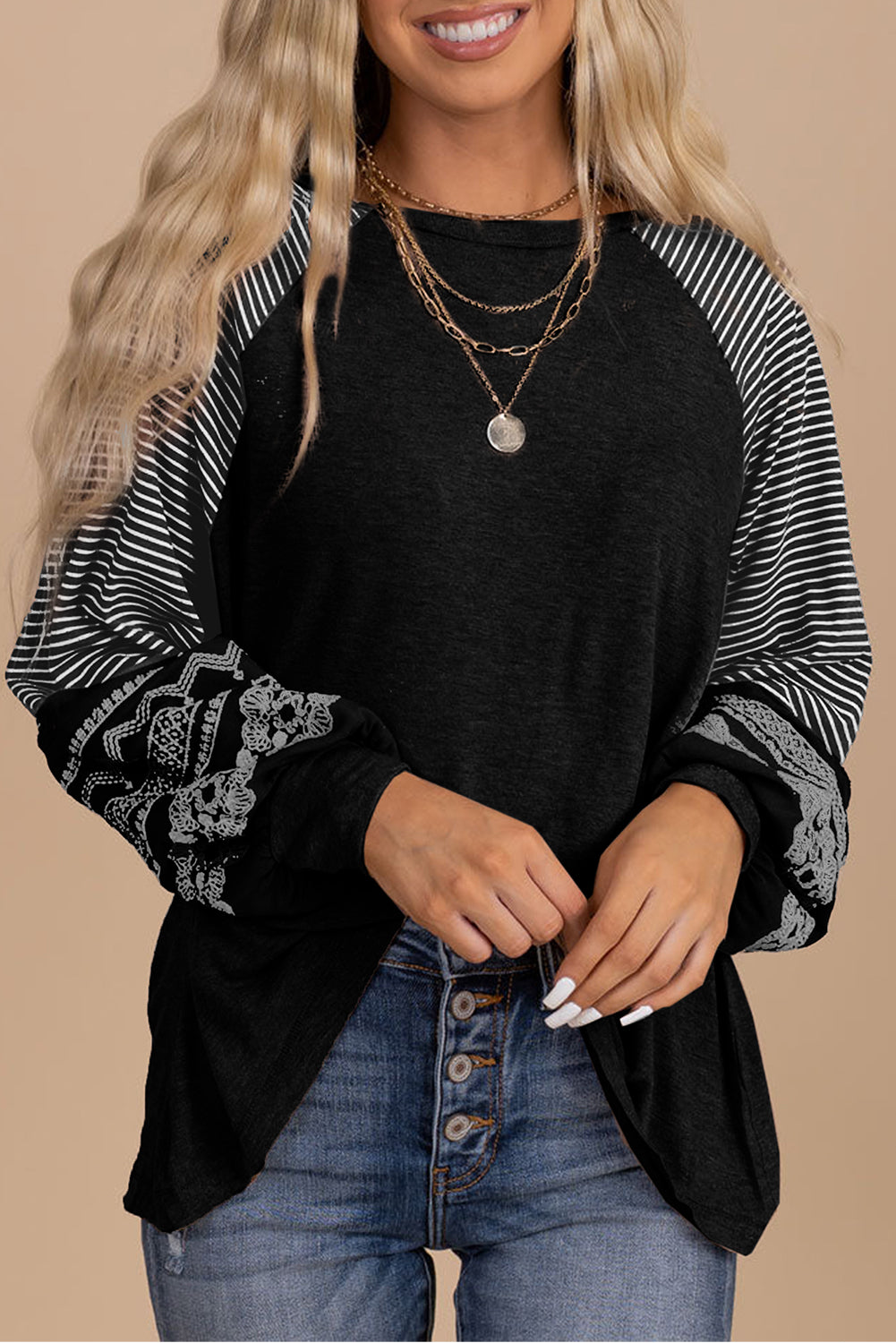 Brown Contrast Print Striped Raglan Long Sleeve Loose Top